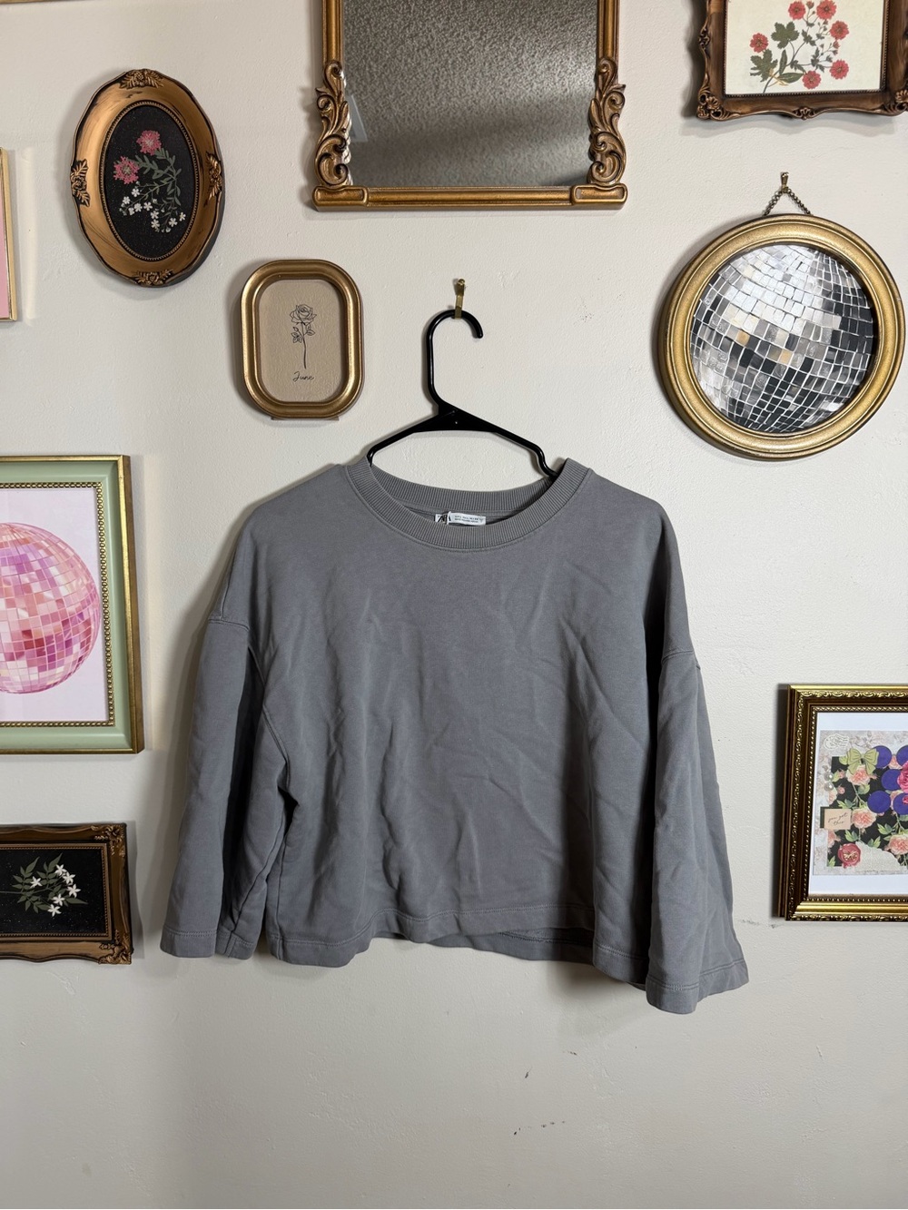 Zara Gray Cropped 3/4-Sleeve Sweatshirt Top